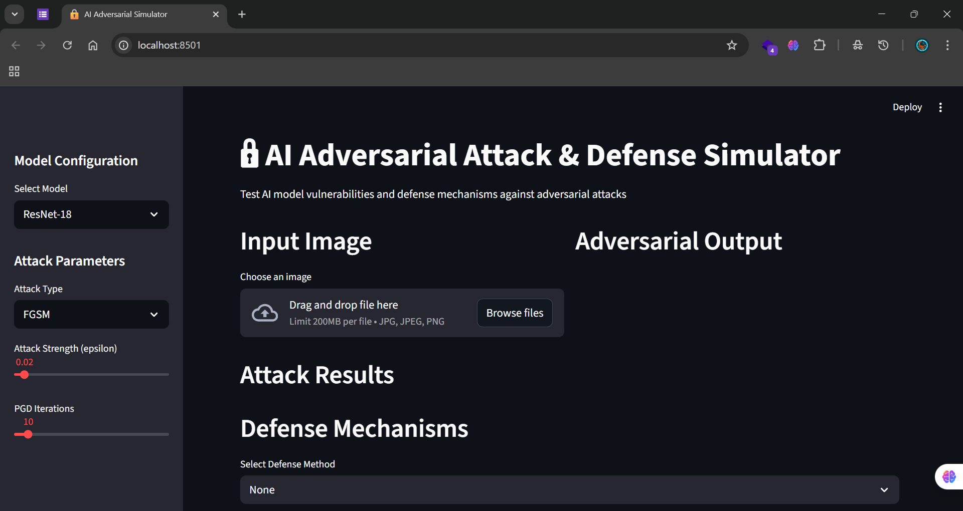 Adversarial simulator configuration panel: model selection (ResNet-18), attack type (FGSM), attack strength epsilon slider at 0.02, PGD iterations, and an image upload area for the input image and adversarial output.