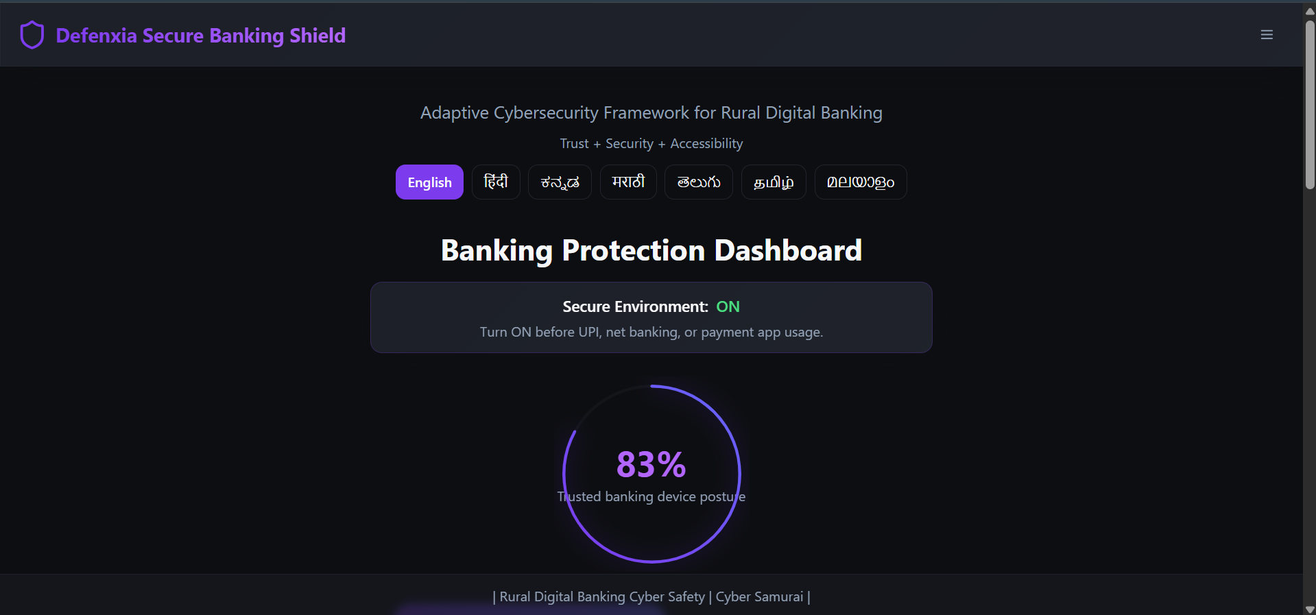 Defenxia AI SMS Shield screen with a field to paste suspicious SMS text, a Scan for Fraud action, a warnings and critical counter, and guidance that banks never ask for OTP, PIN, CVV, or card number.