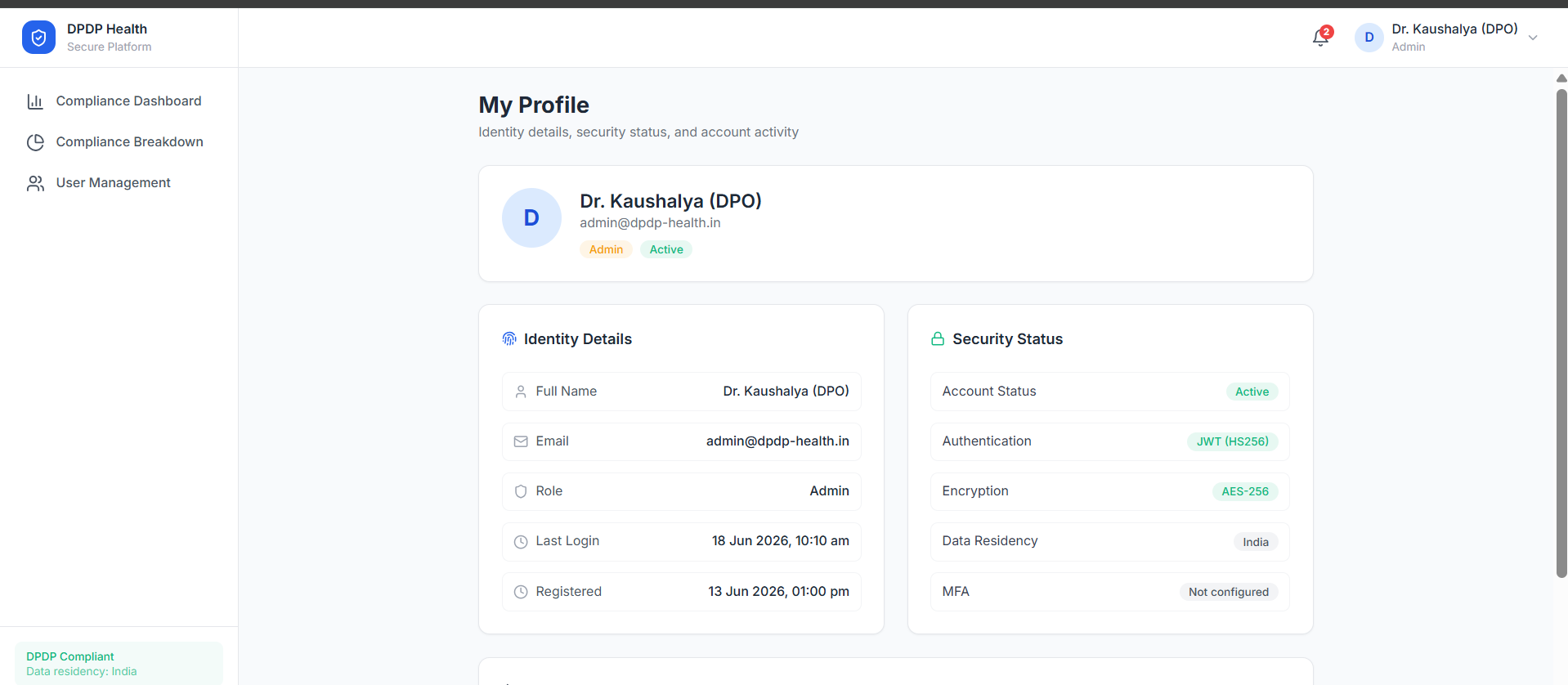 DPDP Health user profile page showing identity details and a security status panel listing JWT (HS256) authentication, AES-256 encryption, India data residency, and MFA status.